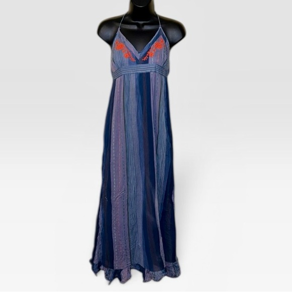 Dresses & Skirts - Vintage Blue Stripe Halter Open Back Embroidery Boho Ruffle Maxi Dress Size M